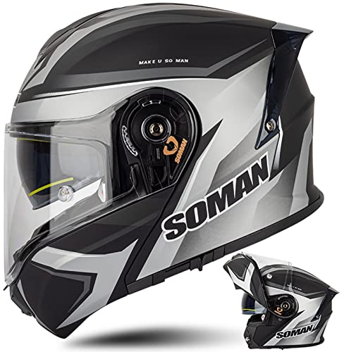 Casque de Moto Intégraux Casque Moto Modulable Casque Integral avec Double Visière Dot/ECE Homologué Casque de Moto Scooter pour Homme et Femme, Argent Noir-4XL(67~68cm)