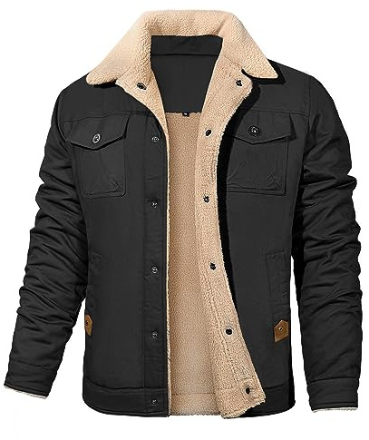 Vancavoo Winter Jackets for Men Fleece Lined Warm Military Industry Coat Thick Casual Cargo Jacket with 5 Pockets Lapel Collar Cotton for Outdoor Work Autumn Winter(Black,XL)