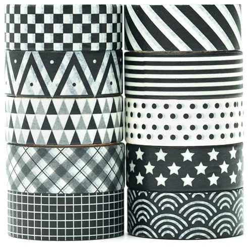 MAGLITT Gitter Washi Tape Set 10 Rollen Schottenstoff Schwarz Weiß Dekoratives Klebeband Bunt für Scrapbooking, Bullet Tagebuch, Planer, Geschenkverpackung