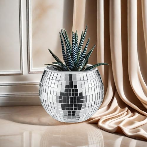 Qiumyanlod Discokugel-Pflanzgefäß, Glas-Disco-Kugel-Blumentopf, silberfarbener Spiegel-Pflanzgefäß, Disco-Pflanzenhalter, Discokugel-Vase, Boho-Disco-Dekor für Zimmerpflanzen, Sukkulenten, Kakteen,