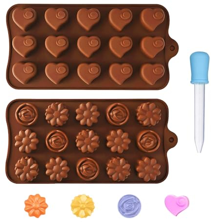 Lot de 2 moules en silicone, 1 égouttoir en silicone, moule à dessert en silicone, moule à chocolat avec motif floral et herbe, moule en silicone antiadhésif en forme de cœur (marron)