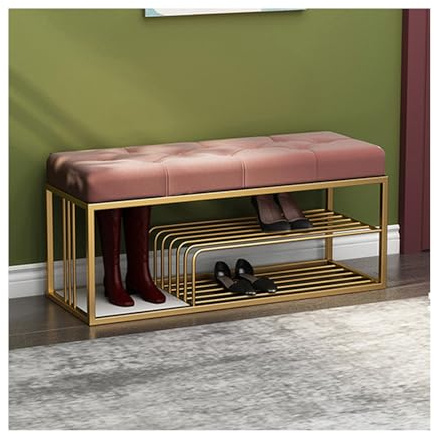 MARIYCH Shoe Storage Bench with Velvet Seat Cushion, 3-Tier Entryway Hallway Shoe Bench, Upholstered Shoe Rack Bench, Gold Metal Frame