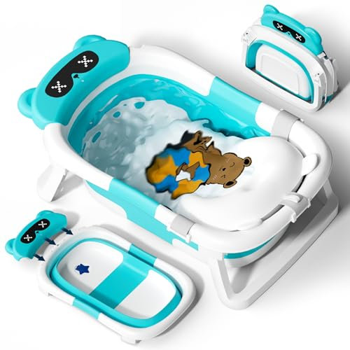 COOSEYA BañEra Plegable Bebé, Bañera Plegable Para Recién Nacido Con Cojín Suave (0-12 Meses), Regalo Ideal Para Recién Nacido De Bebé A Niño Pequeño De Viaje Portátil Ahorra Espacio, Azul