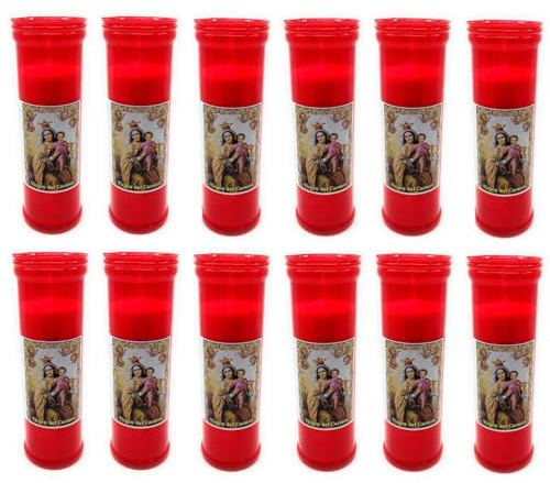 Tradineur - Pack de 12 velones santos Virgen del Carmen, velas litúrgicas de parafina y cera vegetal, decoración de iglesias, cementerios, tumbas (Rojo - 18,5 cm)