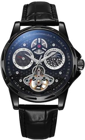 DAXIAOYU Orologio da polso meccanico automatico da uomo con Tourbillon nero e scheletro, multifunzionale, con fasi lunari, luminoso, impermeabile, di lusso, per affari, Pelle nera, Lusso