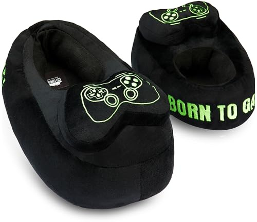 Get Trend Chaussons Garçon et Ado, Pantoufles Gaming 3D en Peluche Thème Jeu Vidéo, Semelle Antidérapante, Cadeau Gamer (37/38 EU, Noir/Vert Gaming)