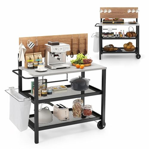 KOMFOTTEU Carro de Barbacoa con Tablero Plegable, Carrito de Servicio de 4 Niveles con 6 Ganchos, Toallero, Soporte para Bolsas de Basura, Carro para Parrilla de Metal con Ruedas