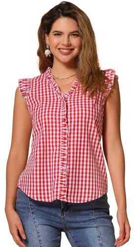Allegra K Chemise à Carreaux Femme Haut Vintage Classique Manches Capes Blouse à Volants Chemisier Col en V d'Été Rouge S