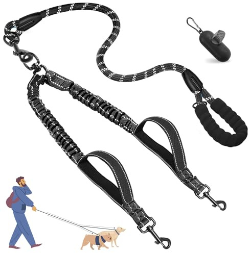 Blanlody Double Dog Lead for Walking 2 Dogs No Tangle, Reflective Bungee Split Lead with 360°Swivel Rotation,Two Padded Handles and Waste Bags for Walking and Traning, for Gifs