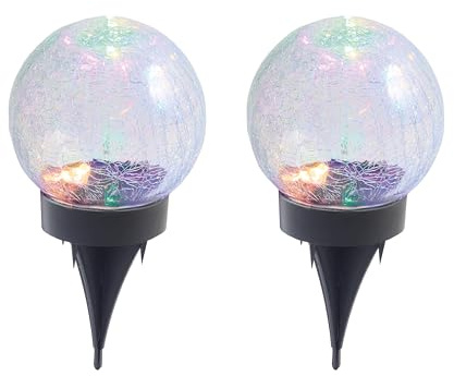 Coopers of Stortford - Set of 2 Solar Sphere Stake Lights - Crackle Glass Globes with Colour Changing LEDs - 2-in-1 Base for Ground or Tabletop Display