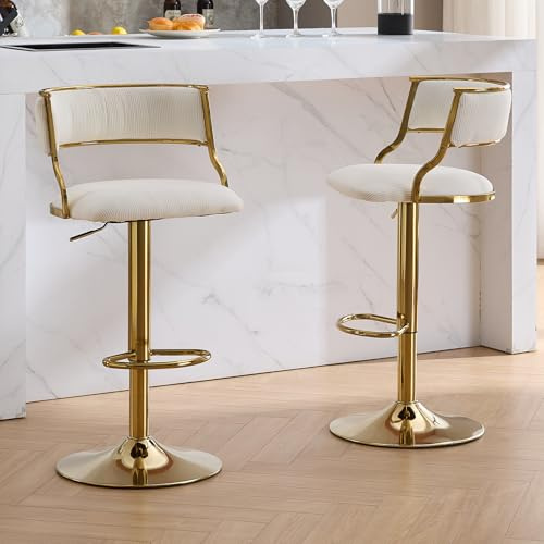 Ya-Home Juego de 2 Taburete Alto con Soporte Regulable en Altura, Taburete de Bar con L-Shaped Respaldo y Cojin Comodo, Silla para Salon/Bar/Restaurante,Beige