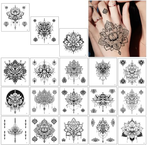 Qpout 18 Sheets Black Temporary Tattoos, Waterproof Fake Tattoo Kits for Women Girls, Lotus Mandala Flower Tattoo Stickers Neck Chest Arm