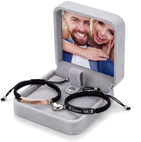 Fanery Sue Pulseras Personalizadas para Parejas, Pulsera Ajustable con Placa Grabada, Regalo para Ella y Él, Pulsera de Amistad con Elegante Caja de Regalo (plata & oro rosa)