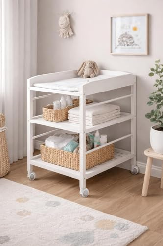 Baby Happy Bliss Table à Langer, Commode à Langer NILS en Bois Massif – Blanc – avec roulettes – 75x55x84 cm