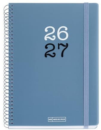 Miquelrius - Skolkalender 2026 2027 veckovy 12 månader, A5+ storlek (15 x 21,3 cm), polypropylen, färgad metallspiral, gummistängning, runda kanter, klistermärken, spansk-EN, blå