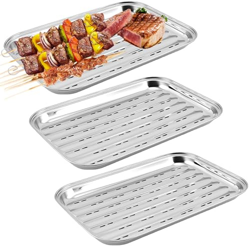 Juego de 3 bandejas de parrilla de acero inoxidable reutilizables para verduras, pescado o carne