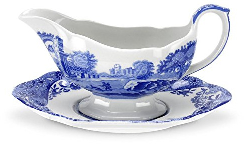 Spode Blue Italian 9 Oz Gravy Boat and Saucer, Earthenware Sauce Boat with Large Handle, Classic Countryside Design, Perfect for Gravy, Sauces, Salad Dressings, Dishwasher & Microwave Safe
