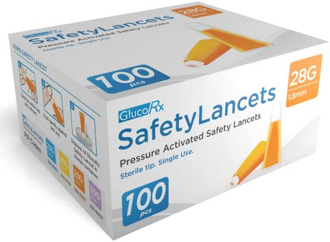 GlucoRx 28 g/1.8 mm Safety Lancets, 100 Pack, 5060342240583