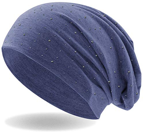 Hatstar Damen Beanie Mütze | mit edler Strass Nieten Applikation | Mädchen Mütze | elastisches Slouch Long Beanie | leicht und weich (blau meliert)