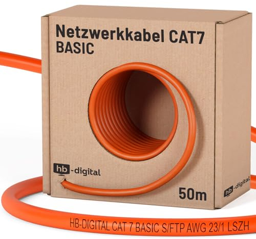HB-Digital 50 m Cavo LAN CAT 7 fino a 10 Gbit/s rame professionale S/FTP PiMF AWG 23/1 guaina LSZH senza alogeni arancione cavo schermato per router switch modem PC smart TV patch RJ45 e console