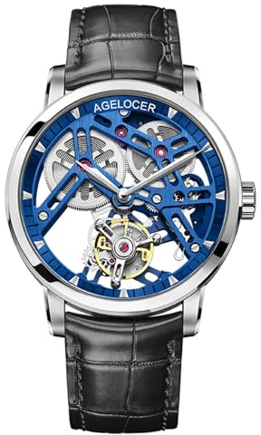AGELOCER Tourbillon Watches Men, Original Ultra Thin Classic Style, Skeleton Manual Mechanical Watch, Leather Strap Mens Waterproof Dress Watch Gift