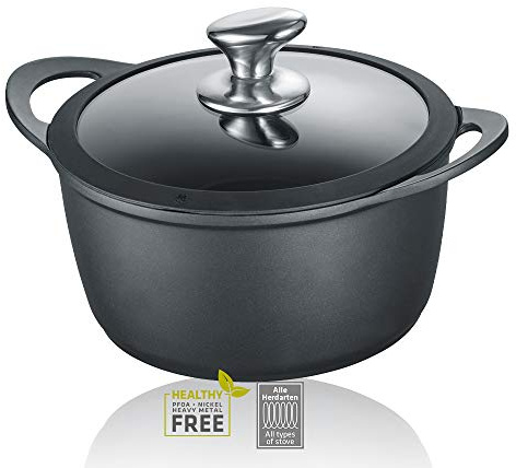 Berndes Vienna Pot 20 cm Suitable for All Hobs, Cooking Pot with 3-Layer Non-Stick Coating, Glass Lid, Full Surface Induction, Non-Stick Coating, Aluminium, Black