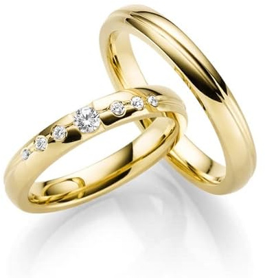 JC Trauringe Silber 925 Paarpreis Eheringe Gold Plattiert I Verlobungsringe 3,5 mm breit I Partnerringe mit Gravur in edler Schatulle I 2 Hochzeitsringe Herrenring & Damenring mit Steinen I LC155-P-G