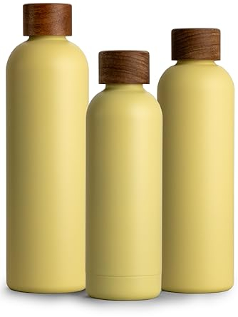 T&N Edelstahl Trinkflasche 1 Liter, Thermosflasche 1l mit Akazienholz Deckel, Isolierte Wasserflasche auslaufsicher bei Kohlensäure, Isolierflasche 1000ml - Lemon Squeeze Yellow