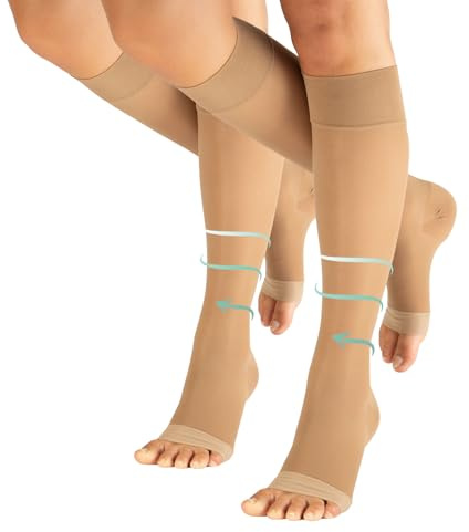 CALZITALY PACK 1/2 Mi-Bas de Soutien avec Compression Graduée Forte 18-22 mm/Hg sans Pointe | Mi-Bas Pointe Ouverte Médical | 140 DEN | Made in Italy (2 Pack - Naturel, S/M)