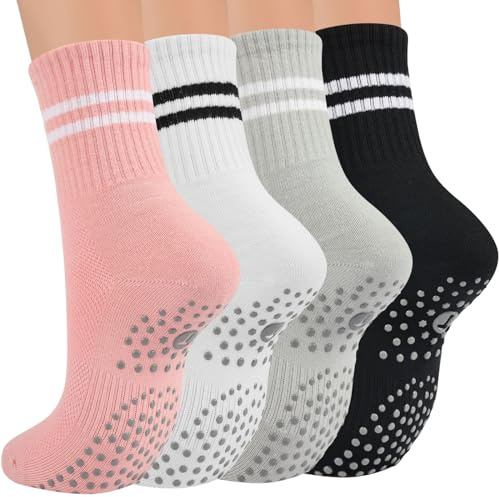 Toes Home Pilates Socks for Women with Grippers, Non Slip Yoga Crew Socks for Barre Hospital Exercise Workout Sticky Athletic Slipper Socks 4 Pairs