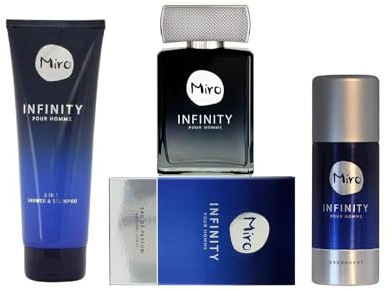 Miro INFINITY pour homme Eau de Parfum Spray 75 ml + Deodorant Spray 24 h Schutz ohne Aluminium 150 ml + Bath & Shower Gel 250 ml