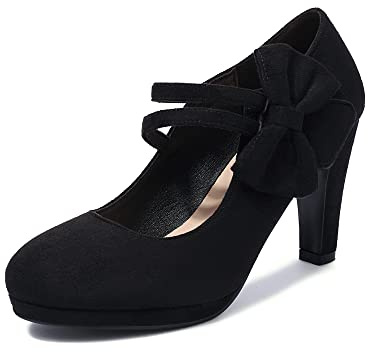 elerhythm Mary Jane Talons avec Nœud, Bout Rond Fermé, Chaussures à Talon Rétro en Daim, Élégantes, Style Vintage Gatsby, Noir , 40 EU