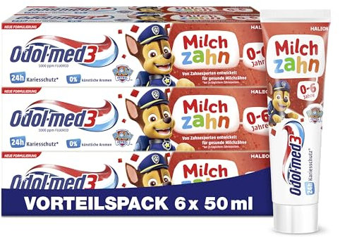 Odol-med3 Milchzahn Zahnpasta, 6x50ml, Zahncreme zur Schutz und Pflege für gesunde Milchzähne für Kinder bis 6 Jahre