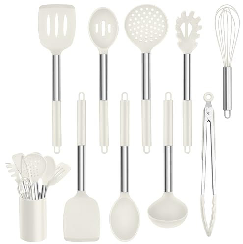 Homikit Set di utensili da cucina in silicone, 10 pezzi di utensili da cucina con manico in acciaio inox, antiaderente, utensili da cucina, con porta utensili, colore: bianco