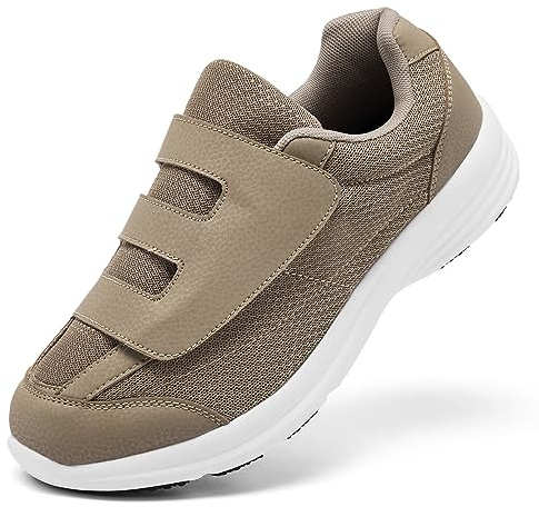 puruismate Zapatillas para diabéticos para hombre, zapatillas extraanchas con cierre ajustable para pies hinchados y edemas, zapatillas de senderismo ligeras y transpirables, caqui, 42 EU Ancho