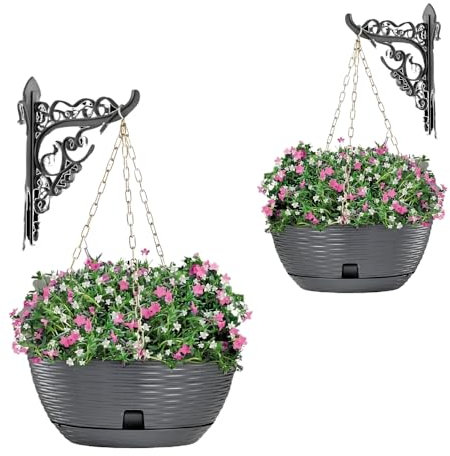 GarPet 2X Blumenampel Blumentopf hängend außen Hängetopf für Pflanzen Blumentöpfe zum aufhängen Hängeampel inkl. Kette Wandhalterung Rattan anthrazit 30 x 23 (H) cm Außenbereich