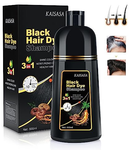 KAISASA Haarfärbeshampoo - Schwarz Hair Dye Shampoo für Graues Haar Sofort 3 in 1 Pflanzliche Haarfarbe Shampoo Enthält Ginseng-Extrakt für Männer und Frauen 500ml Black