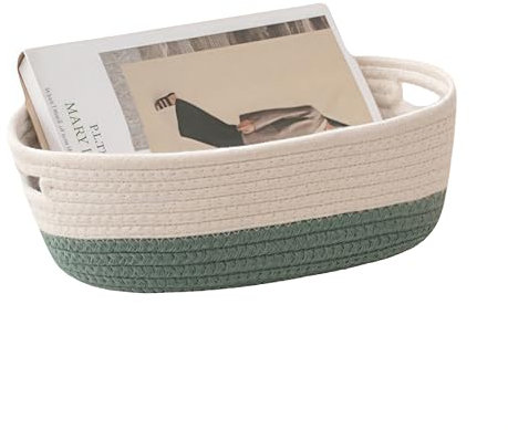 Woven Cotton Rope Storage Basket, Woven Baskets with Handles for Toy Storage, Small Storage Baskets for Towel, Book, Bathroom, Nursery Organizing (White and green)