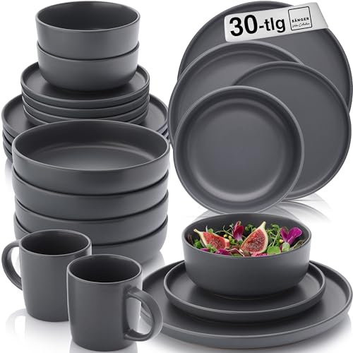 SÄNGER Leeds Nightsky | Kombiservice 30 teilig, Steingut Geschirr 6 Personen, 6x Speiseteller 6x Dessertteller 6x Schalen 6x Pastateller 6x Kaffeebecher, Teller Set blau grau | VALUE COLLECTION