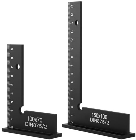 Lot de 2 équerres de butée de serrurier en métal avec échelle de mesure (cm) pour travaux précis dans la construction métallique et l'atelier, dimensions 100 x 70 mm et 150 x 100 mm