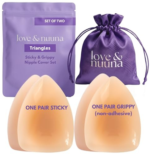 love & nuuna Triangle Adhesive & Non-Adhesive Nipple Covers Two Pairs - Sticky & Grippy Nipple Cakes - Reusable & Waterproof Pasties (Honey, Small (Fits A - D+))