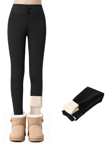 JinBei Leggings Térmicos Niñas con Forro Polar, Invierno Grueso Largos Pantalones con Bolsillos Suaves Cintura Alta Mallas Infantiles Elástico Pantalón Ropa Adolescentes Negro, 12-14 Años