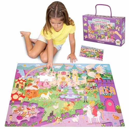 BONNYCO Puzzle Enfant Geant Château Fantastique avec 48 Pièces de Grande Taille. Jigsaw Puzzle XXL 92 x 62 cm pour Cadeau Enfant. Jouet Educatif Fille et Garcon 2-8 Ans