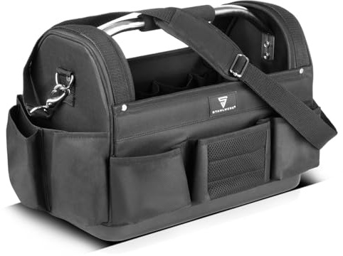 STAHLWERK Werkzeugtasche - 11 Außentaschen, 10 Innentaschen, robuste Installateur-Tasche, tragbarer Werkzeugkoffer, Montagetasche mit Tragegriff und Schultergurt, strapazierfähiges Polyester-Gewebe