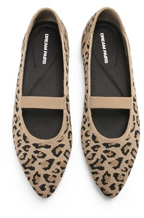 DREAM PAIRS Women's Knit Ballet Flats Pointed Toe Comfortable Dressy Flats for Work Office Shoes Mary Jane Flats,Size 9,Leopard,SDFA26005W