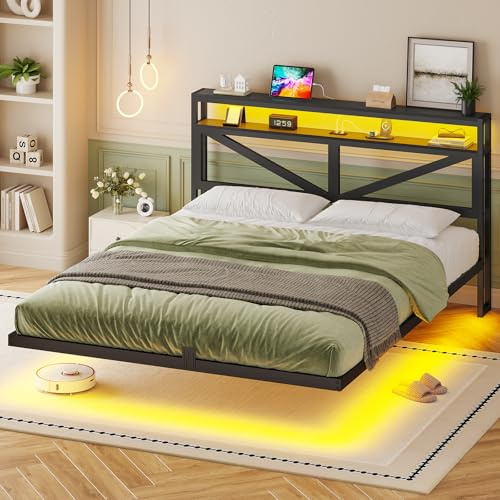 AOGLLATI Cama de Matrimonio de 160 x 200 cm, Estructura de Cama con iluminación LED y estación de Carga, Cama de Metal con Efecto Visual Flotante para Dormitorio, Color Negro
