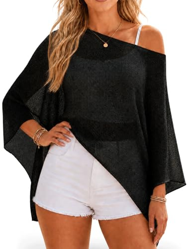 DVDVBOOM Summer Sheer Poncho Crochet Tops Womens Beach Cover Ups Ladies Crochet Asymmetrical One Shoulder Summer Poncho Tops Beachwear