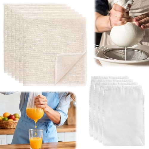 6 Piezas Cheese Cloth + 4 Bolsas De Filtro, 100% Algodón Sin Blanquear Gasa Alimentaria, Telas Filtrantes Con Esquinas Cosidas, Reutilizables, Para Zumo,Queso,Leche Vegetal(50x50cm)