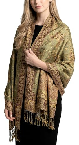 Achillea - Bufanda reversible tipo pashmina de cachemira, chal para vestidos de noche, bufandas indias exóticas para todas las estaciones, Verde salvia, 28W x 76L