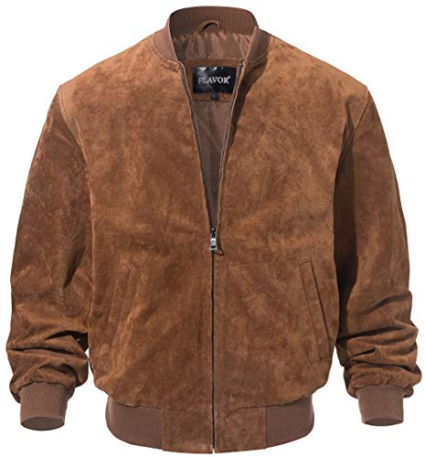FLAVOR Men's Leather Baseball Jacket Vintage Suede Pigskin (Medium, Brown)